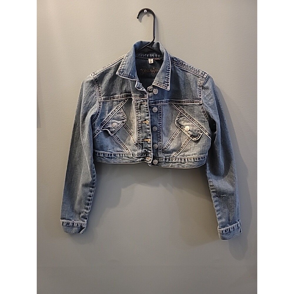 Y2K Womens Younique Denim Cropped Jacket Size Small Button Up Long Sleeve